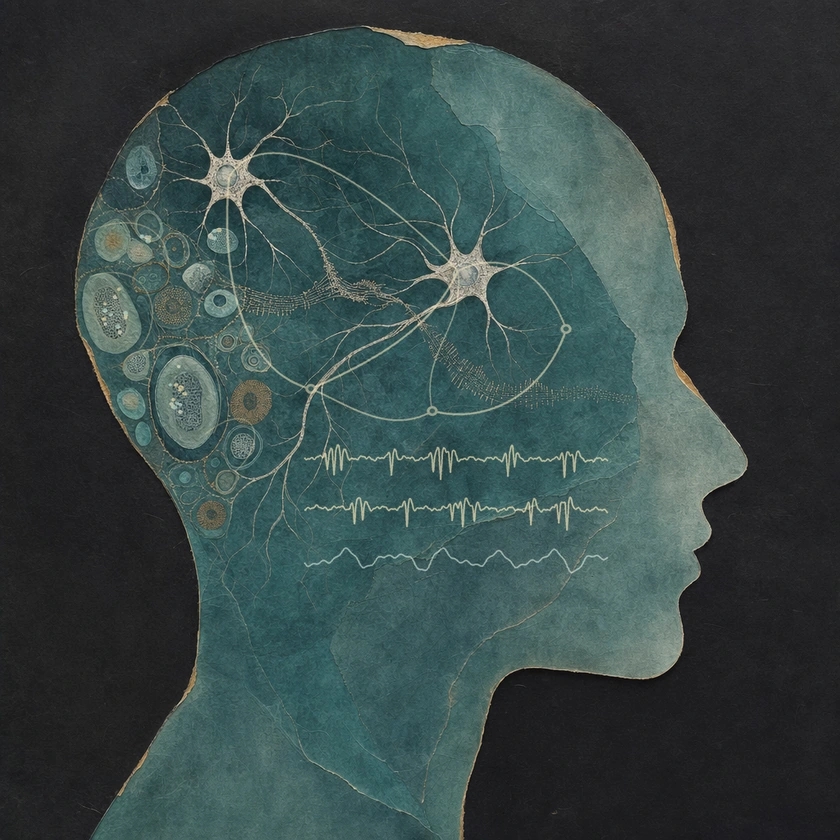 A textured human profile combines molecular puncta inside cells, cellular neighborhoods, curved circuit connections, and three schematic electrical traces, linking biological identity, organization, and dynamics to cognition.