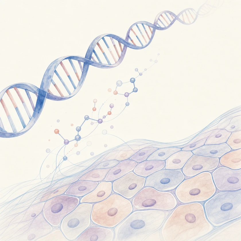Pale blue and coral scientific illustration connects a DNA helix and molecular interactions with an organized cellular sheet.