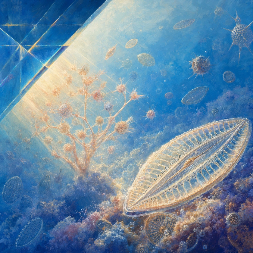A colorful natural-history-inspired painting of light revealing intricate microscopic forms, a metaphor for expanding biological understanding.